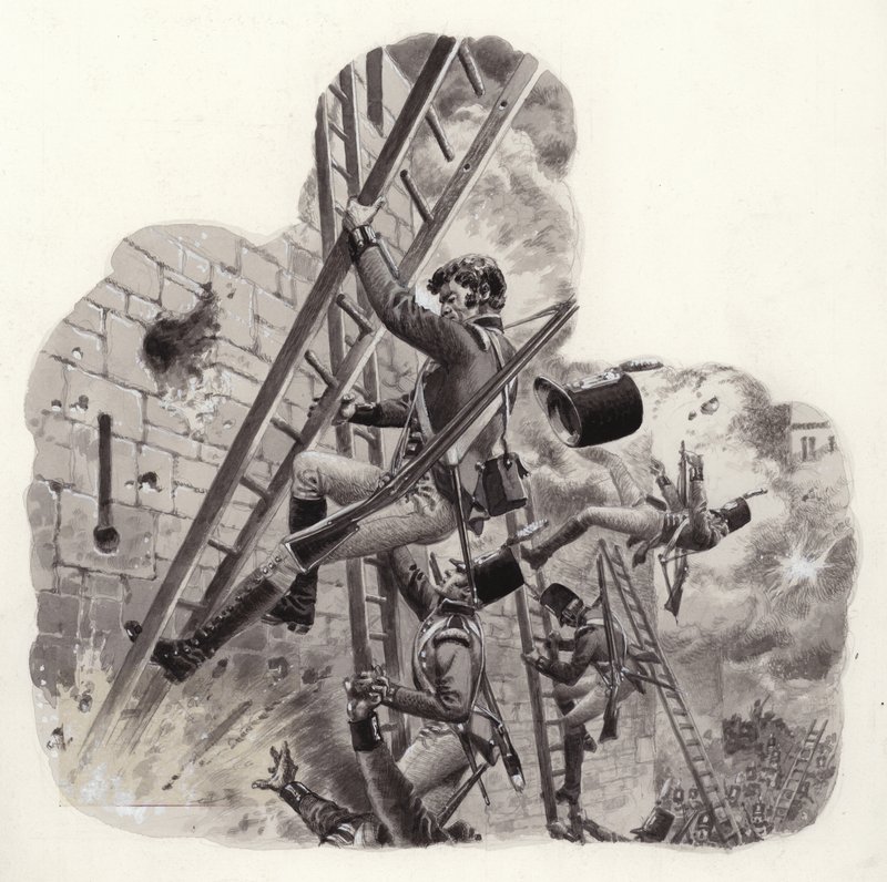 Britiske soldater under beskydning af franskmændene under angrebet på Badajoz (gouache på papir) af Pat (1907 95) Nicolle