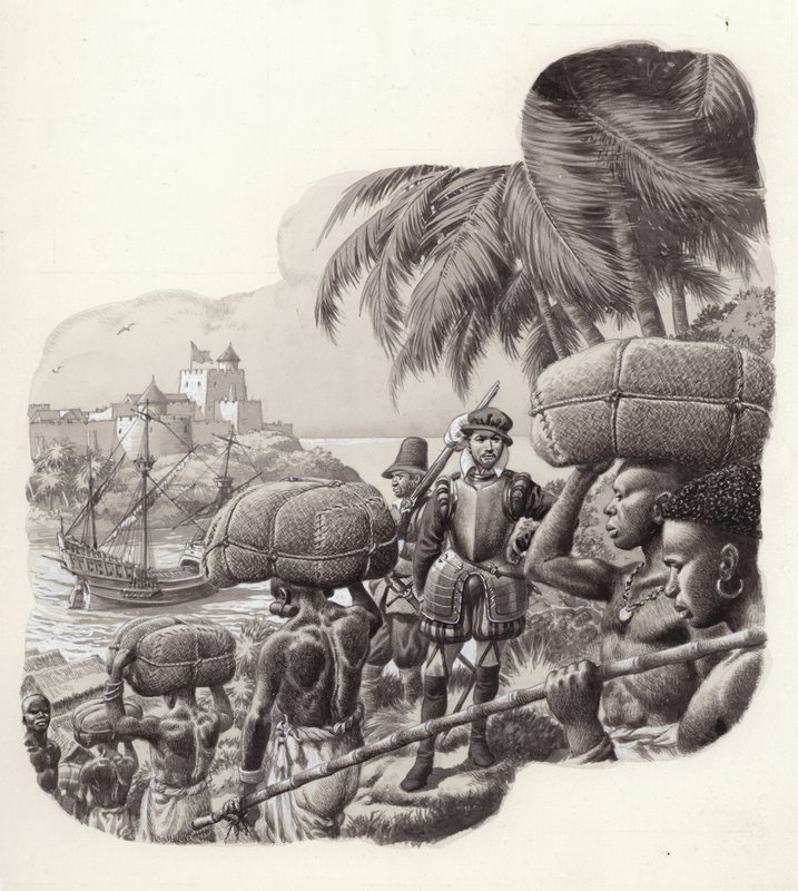 Slot bygget af europæiske handelsmænd i Vestafrika (gouache på papir) af Pat (1907 95) Nicolle