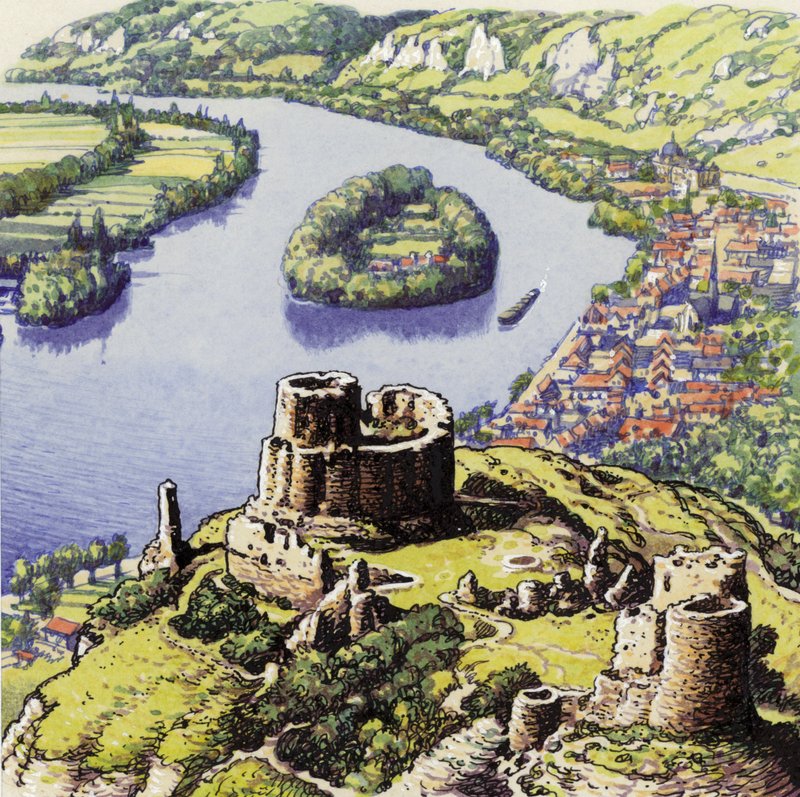Chateau Gaillard, også kendt som New Castle of the Rock (gouache på papir) af Pat (1907 95) Nicolle