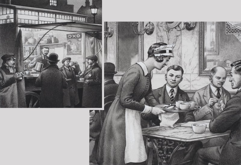 Edwardian Coffee Stall and Teashop (gouache på papir) af Pat (1907 95) Nicolle
