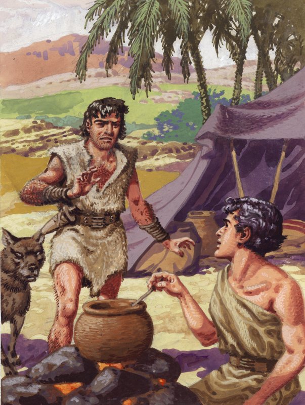 Esau beder sin bror Jakob om mad (gouache på papir) af Pat (1907 95) Nicolle