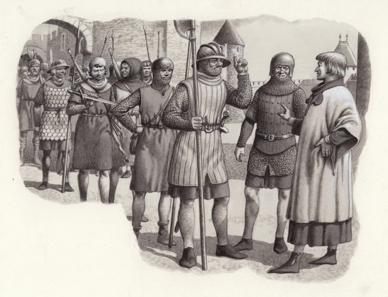Fodsoldater fra det 14. århundrede (gouache på papir) af Pat (1907 95) Nicolle