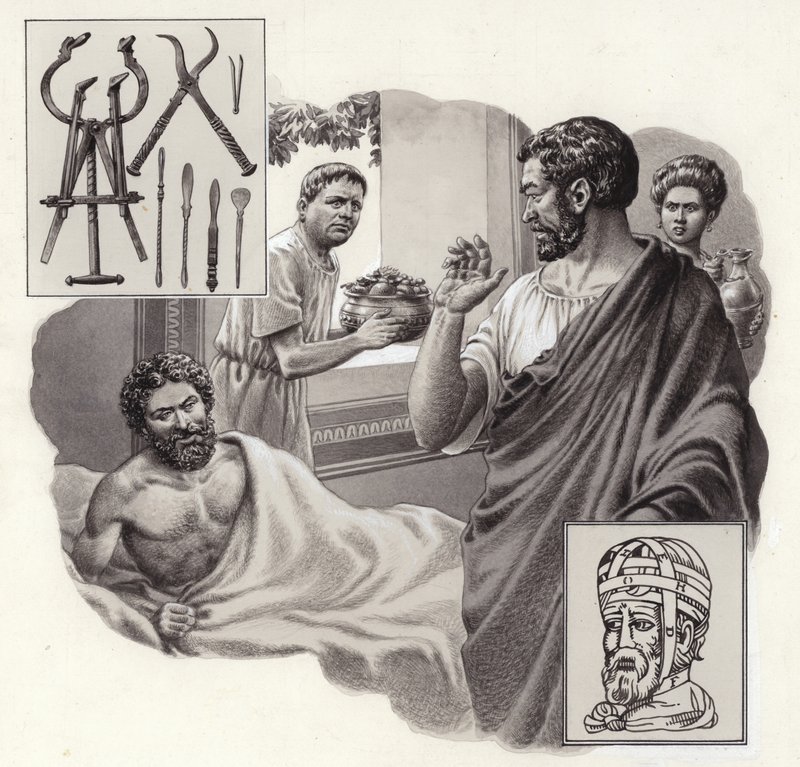 Lægen Galen risikerer sit liv ved at fortælle en romersk kejser, at han har spist for meget (gouache på papir) af Pat (1907 95) Nicolle