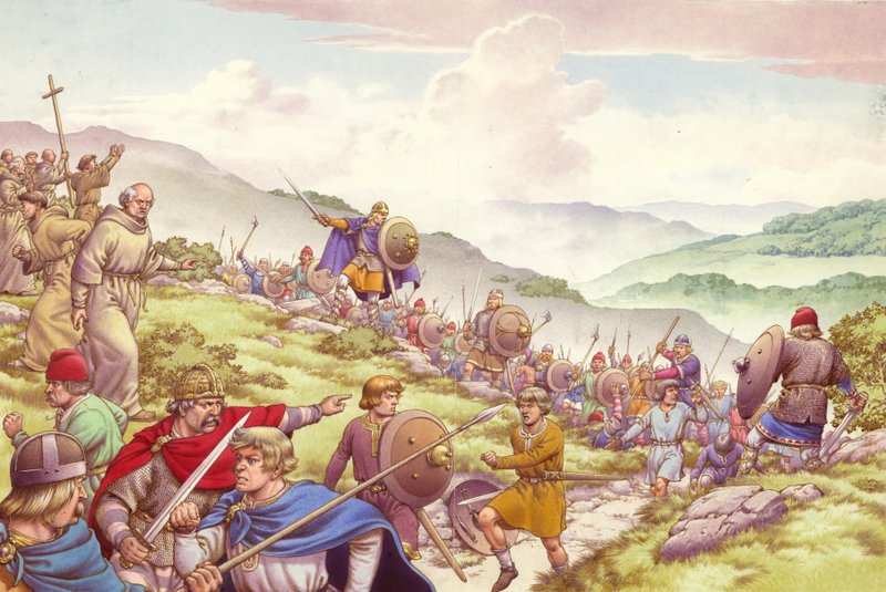 Kong Aethelfrith sender en soldat ud for at slagte tolv hundrede munke (gouache på papir) af Pat (1907 95) Nicolle