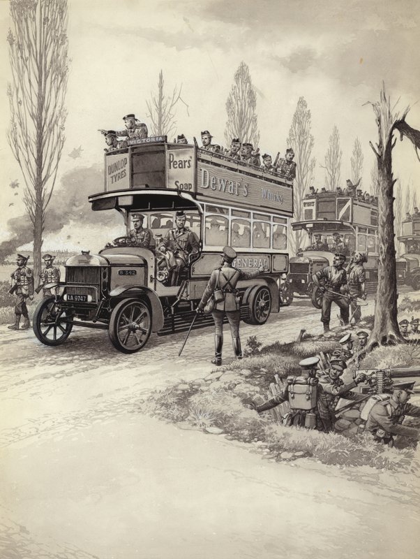 London-busser blev brugt til at køre tropper til fronten under 1. verdenskrig (gouache på papir) af Pat (1907 95) Nicolle