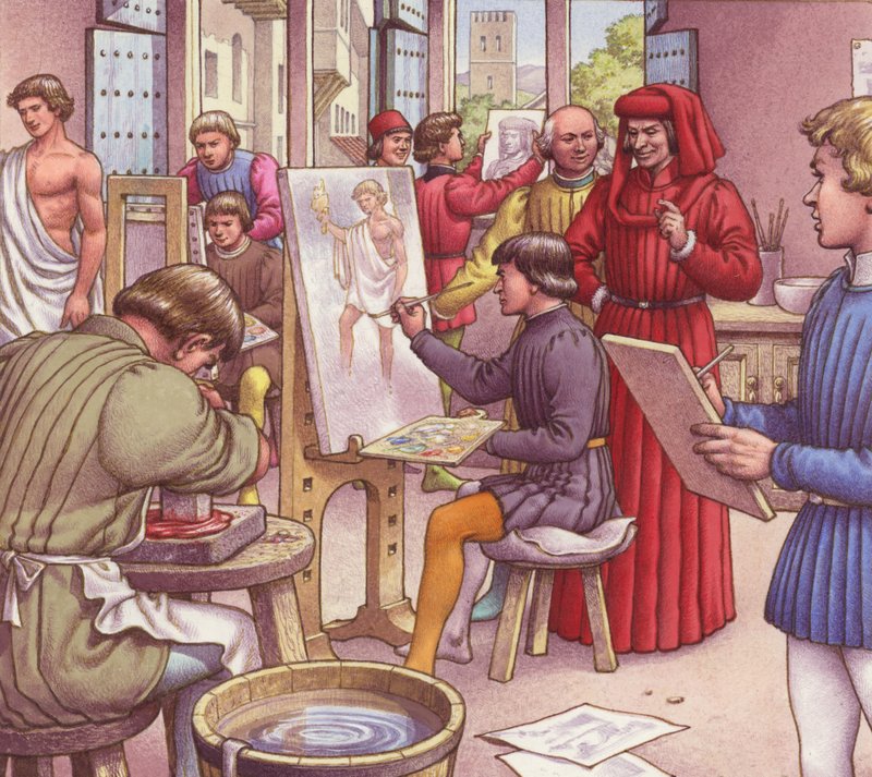 Lorenzo de Medici besøger kunstnerskolen (gouache på papir) af Pat (1907 95) Nicolle