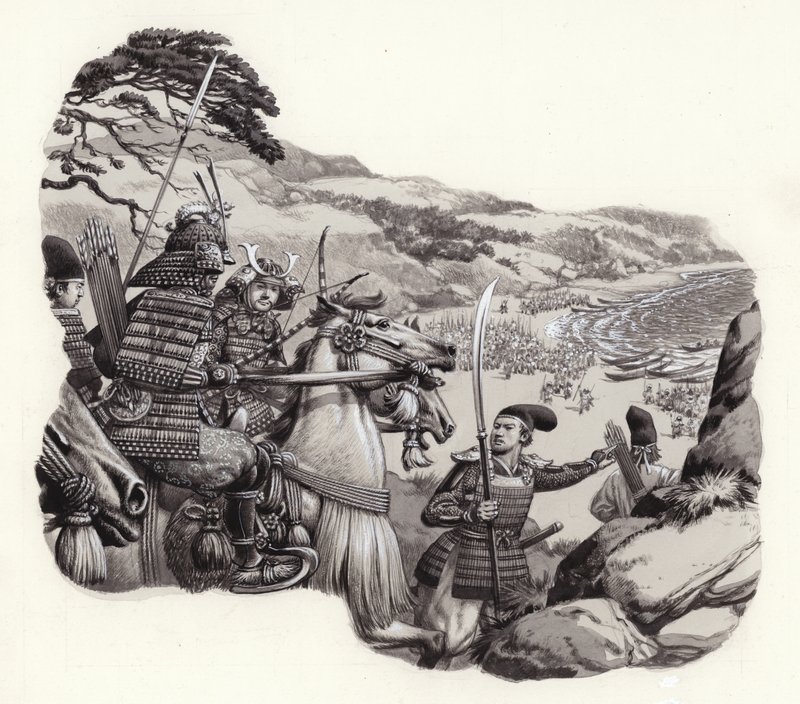 Mongoler invaderer Japan (gouache på papir) af Pat (1907 95) Nicolle