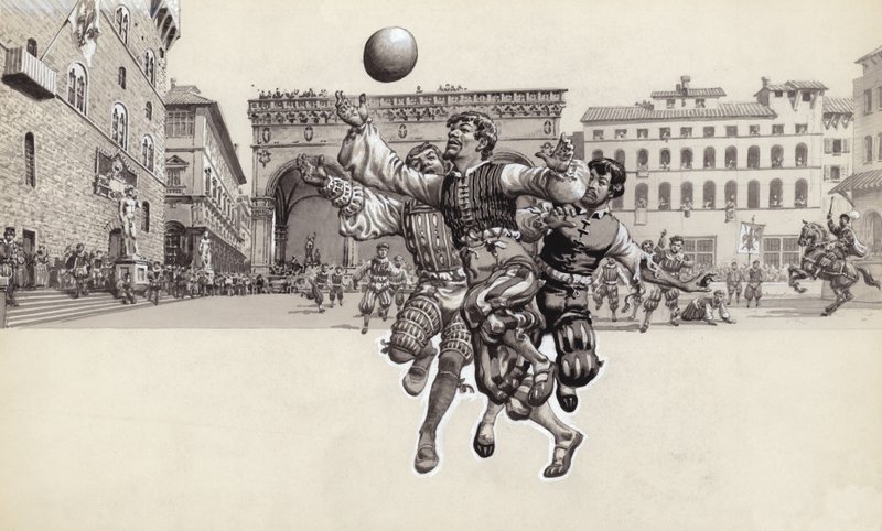 Spiller fodbold i Firenze (gouache på papir) af Pat (1907-95) Nicolle