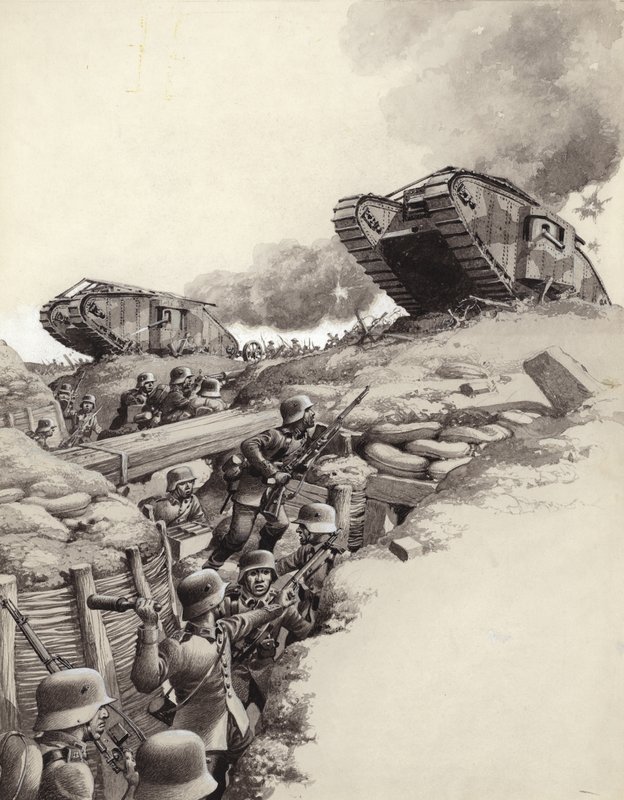 Kampvogne ruller over tyske skyttegrave under Første Verdenskrig (gouache på papir) af Pat (1907 95) Nicolle
