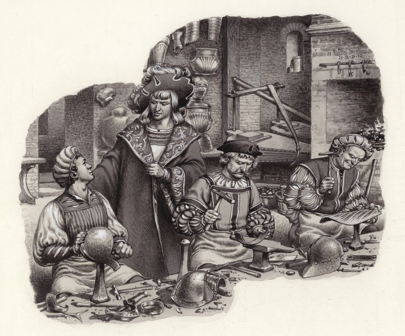 Kejser Maximilian i sin våbensmeds værksted (gouache på papir) af Pat (1907-95) Nicolle