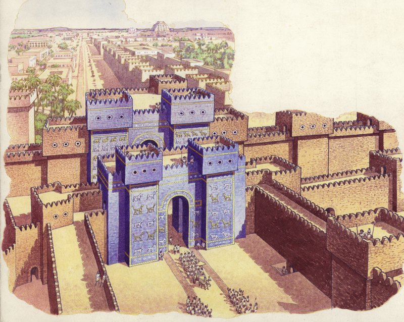 Ishtar-porten i Babylon (gouache på papir) af Pat (1907-95) Nicolle