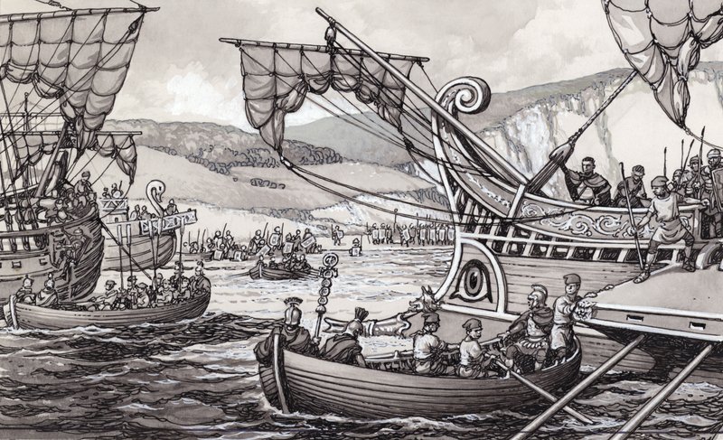 Romerne invaderede England i 55 f.Kr. under Julius Cæsar (gouache på papir) af Pat (1907 95) Nicolle