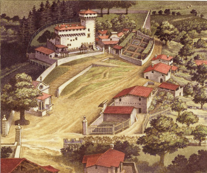 Medici-familiens befæstede villa i Trebbio (gouache på papir) af Pat (1907 95) Nicolle