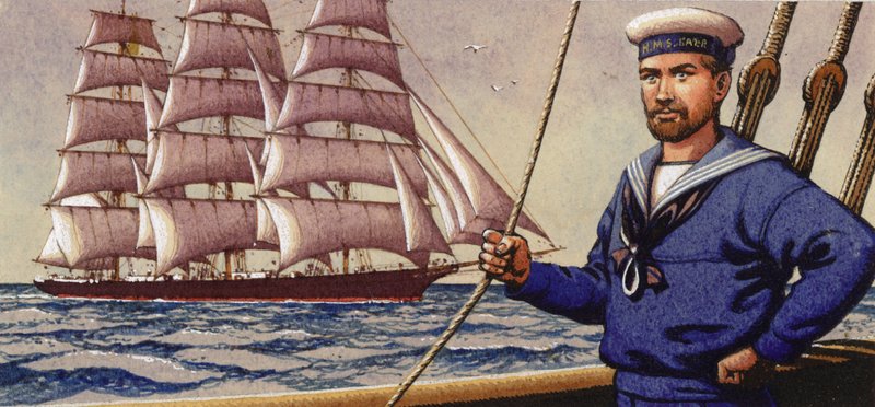 Velklædt sømand og firkantet sejlskib (gouache på papir) af Pat (1907 95) Nicolle