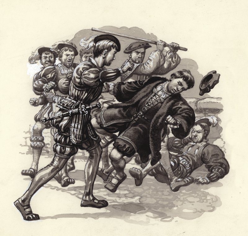 William Herbert angriber en uskyldig forbipasserende i Bristol (gouache på papir) af Pat (1907 95) Nicolle