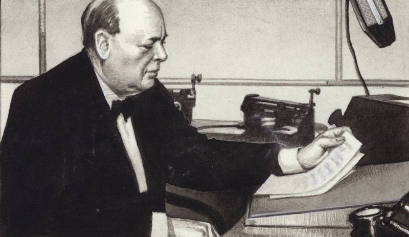 Winston Churchill laver en af sine berømte krigsudsendelser i radioen (gouache på papir) af Pat (1907 95) Nicolle
