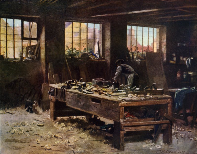 Snedkeriet (farve litografi) af Patrick William Adam