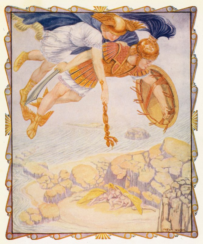 Perseus ser gorgonerne (farvelitografi) af Patten (after) Wilson