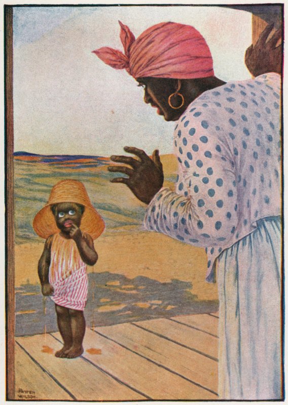 "Lovens skyld! Epaminondas, hvad har du i hatten?" (farve litho) af Patten Wilson