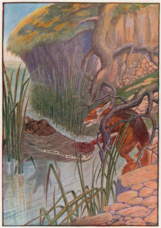 "Åh kære! Den store alligator har min pote i munden!" (farve litho) af Patten Wilson