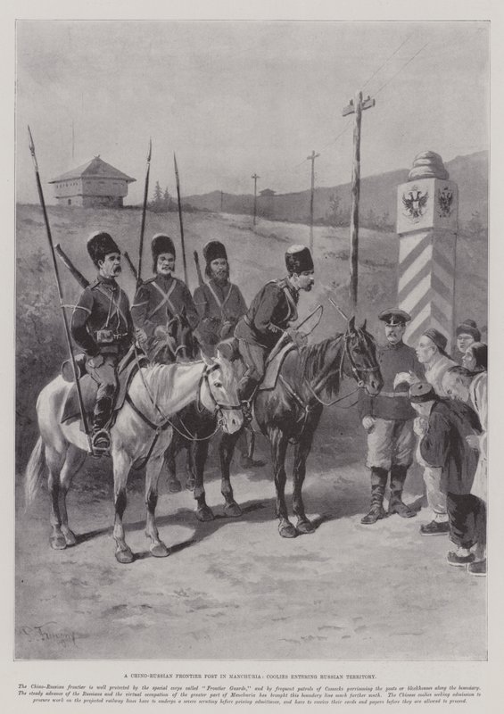 En kinesisk-russisk grænsepost i Manchuriet, kulier på vej ind i russisk territorium af Paul Frenzeny
