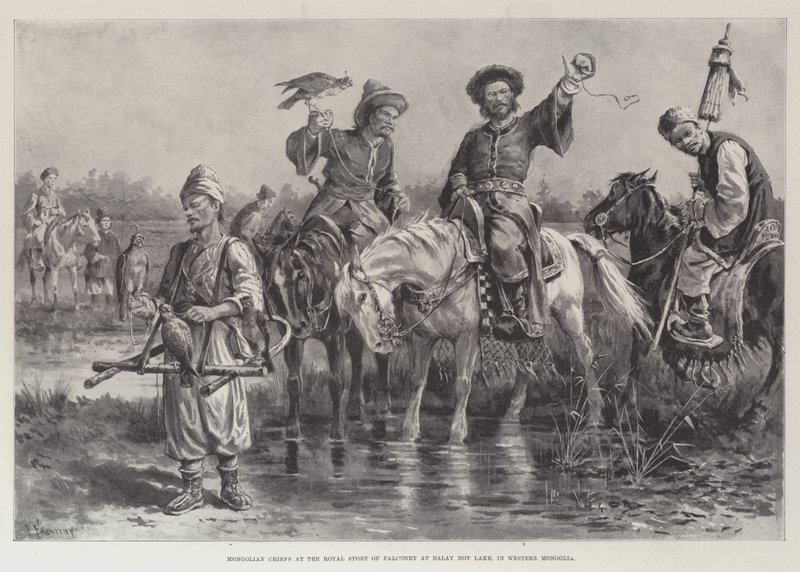 Mongolske høvdinge ved Royal Sport of Falconry ved Dalay Nov Lake i det vestlige Mongoliet af Paul Frenzeny