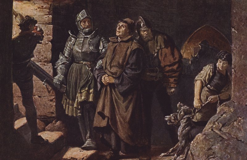 Hans von Berlepsch og Burckhardt Hund von Wenckheim eskorterer Martin Luther til Wartburg Slot. af Friedrich Paul Thumann