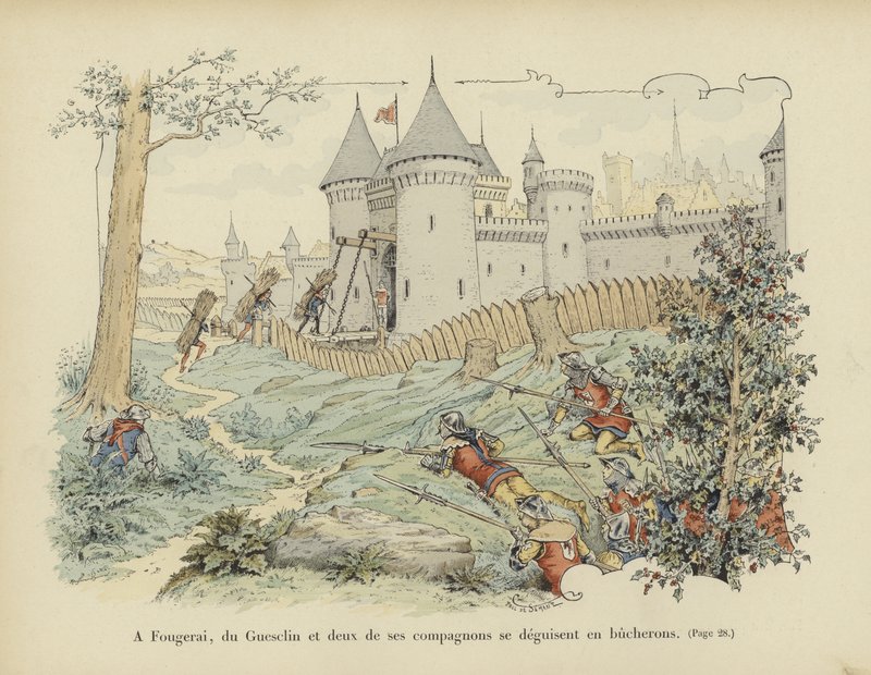 Bertrand du Guesclin og to af hans ledsagere forklæder sig som skovhuggere for at erobre slottet Grand-Fougeray, 1354 af Paul de Semant