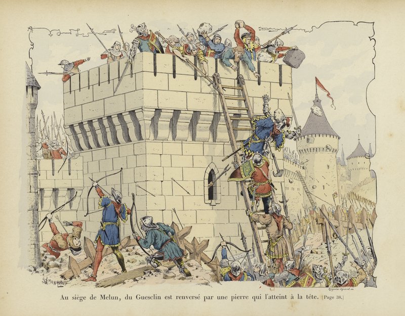 Bertrand du Guesclin blev ramt i hovedet af en sten under belejringen af Melun, 1359 af Paul de Semant