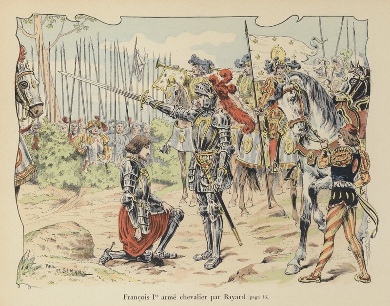 Kong Frans I af Frankrig blev slået til ridder af Chevalier de Bayard efter slaget ved Marignano, Italien, 1515 af Paul de Semant