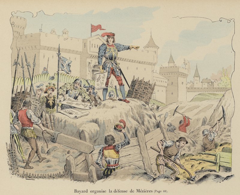 Chevalier de Bayard organiserer det franske forsvar ved belejringen af Mezieres, Frankrig, 1521 af Paul de Semant