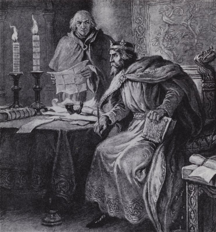 Alfred den Store, konge af Wessex, og hans lys ure (litho) af Paul (after) Hardy