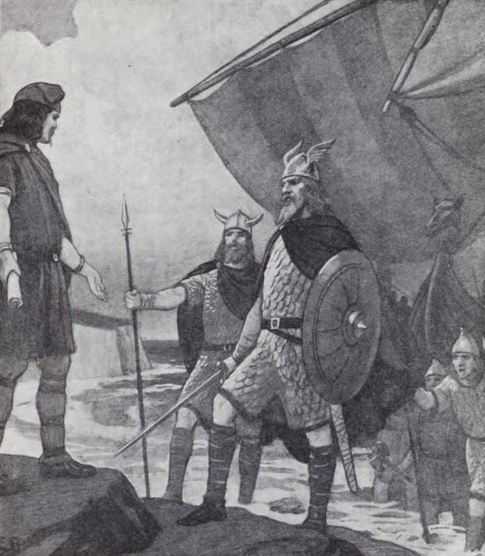 Brødrene Hengist og Horsa ankom til Ebbsfleet, Isle of Thanet, Kent, under invasionen af anglerne, sakserne og jyderne i det 5. århundrede (litho) af Paul (after) Hardy