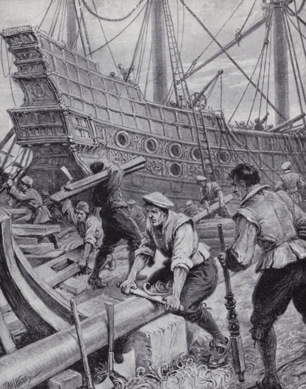 Bygning af den engelske galion Ark Royal, flagskibet i kampen mod den spanske armada i 1588 (litho) af Paul (after) Hardy