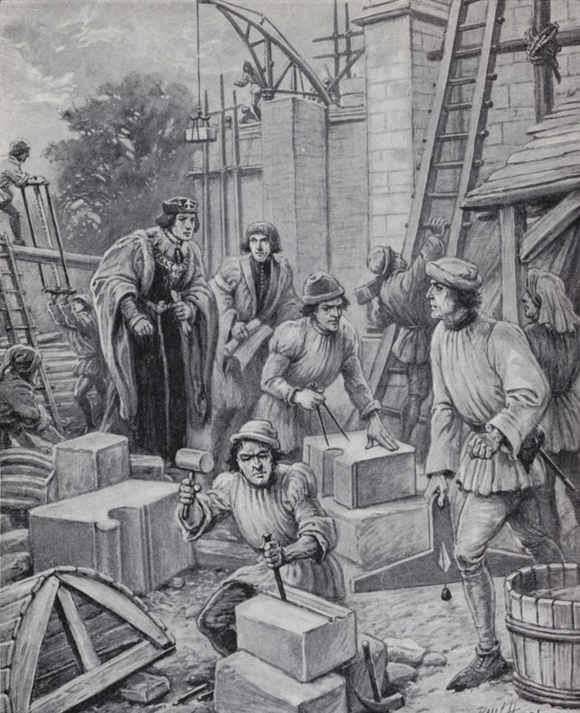 Kong Henry VI fører tilsyn med bygningen af Eton College, som han grundlagde i 1440 (litho) af Paul (after) Hardy