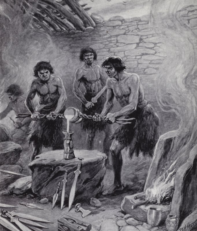 Mænd, der arbejder i et støberi i bronzealderen (litho) af Paul (after) Hardy