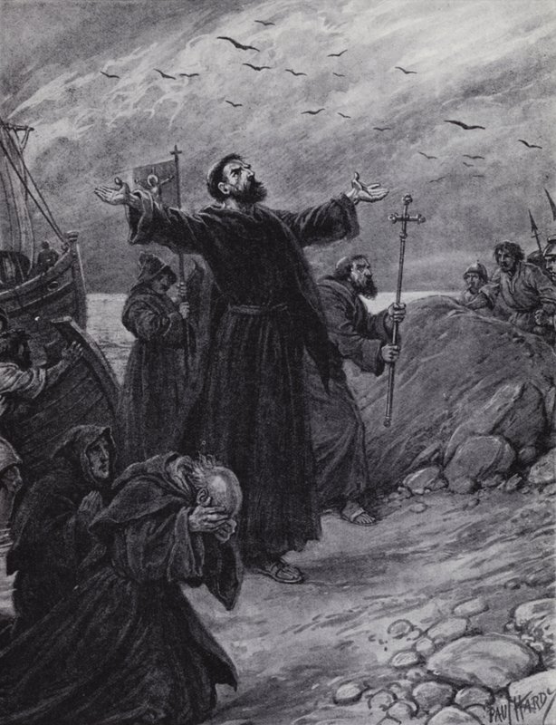 St Augustine ankommer til Kent, AD 597 (litho) af Paul (after) Hardy