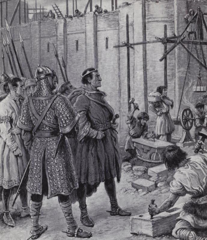 Vilhelm Erobreren fører tilsyn med bygningen af Tower of London (litho) af Paul (after) Hardy