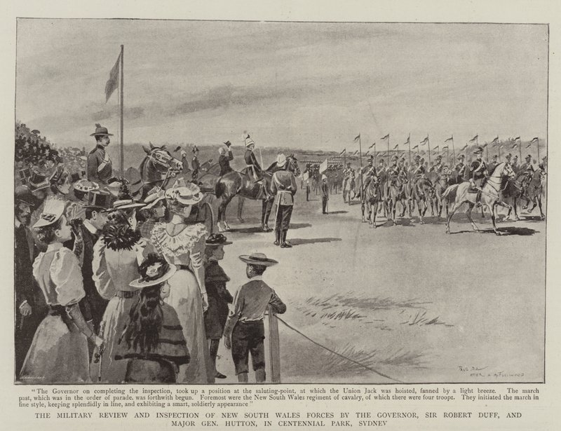 Den militære gennemgang og inspektion af New South Wales styrker af guvernøren, Sir Robert Duff, og generalmajor Hutton, i Centennial Park, Sydney af Paul Destez