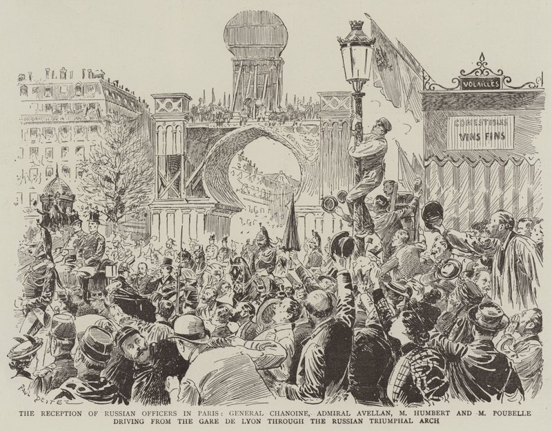 Modtagelse af russiske officerer i Paris, general Chanoine, admiral Avellan, hr. Humbert og hr. Poubelle kører fra Gare de Lyon gennem den russiske triumfbue af Paul Destez