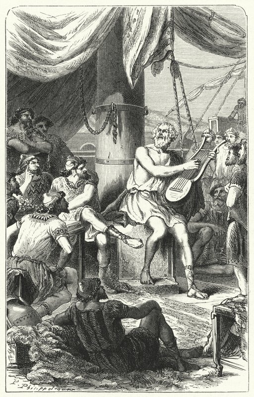 Homer underholder udenlandske sømænd med en sang (gravering) af Paul Dominique Philippoteaux