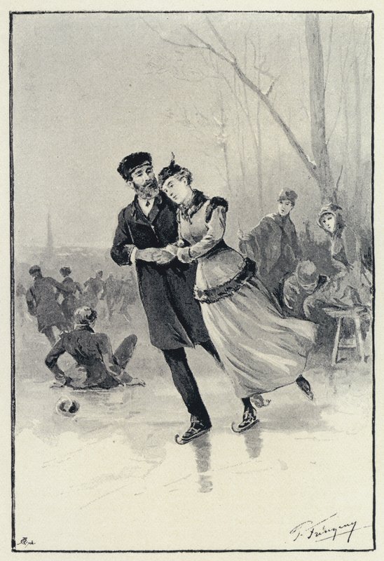 Illustration til Anna Karenina: Levin og Kitty på isen (litho) af Paul Frenzeny