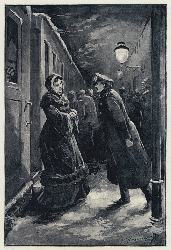 Illustration til Anna Karenina: Vronsky møder Anna på stationen (litho) af Paul Frenzeny
