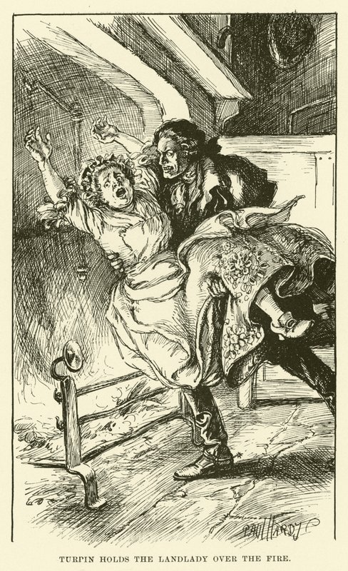 Turpin holder værtinden over ilden (gravering) af Paul Hardy