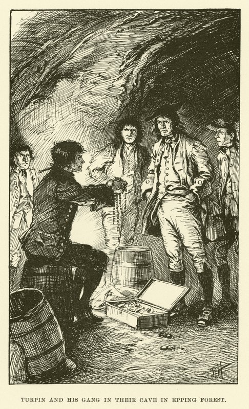 Turpin og hans bande i deres hule i Epping Forest (gravering) af Paul Hardy