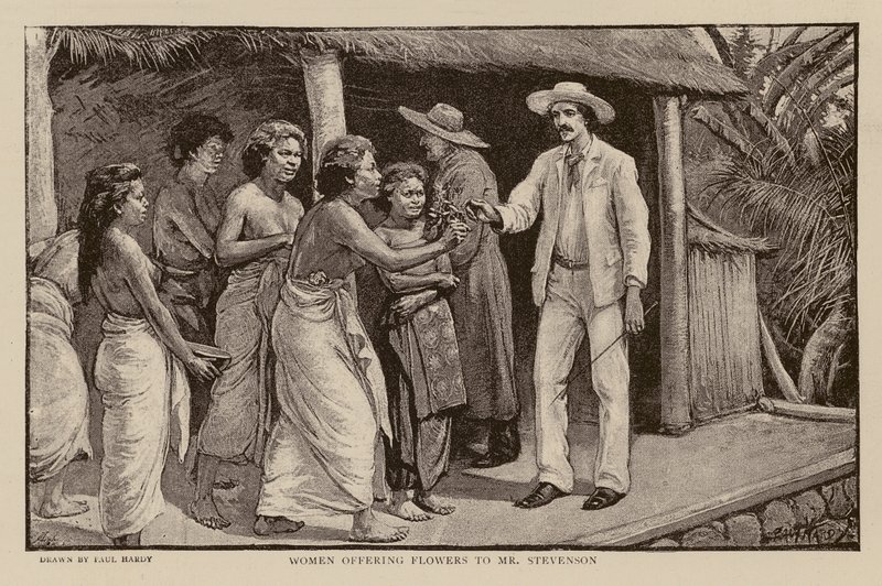 Kvinder giver blomster til Robert Louis Stevenson (kobberstik) af Paul Hardy