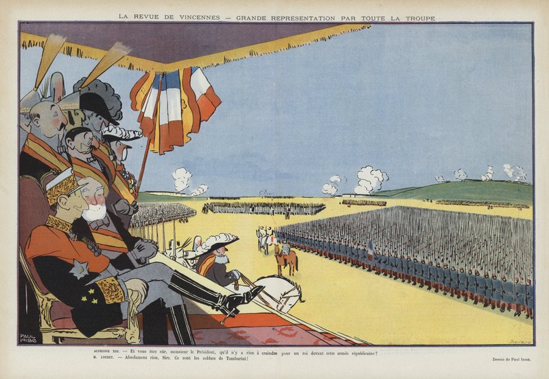 Besøg af kong Alfonso XIII af Spanien i Paris: militærparade i Vincennes. Illustration til Le Rire af Paul Iribe