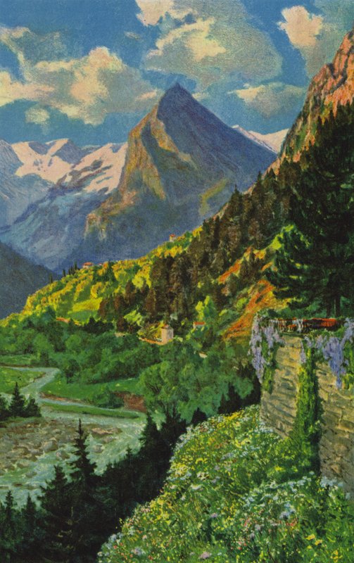 Swiss Spas: Acquarossa, udsigt over Blenio-dalen (farve litho) af Paul Kutscha