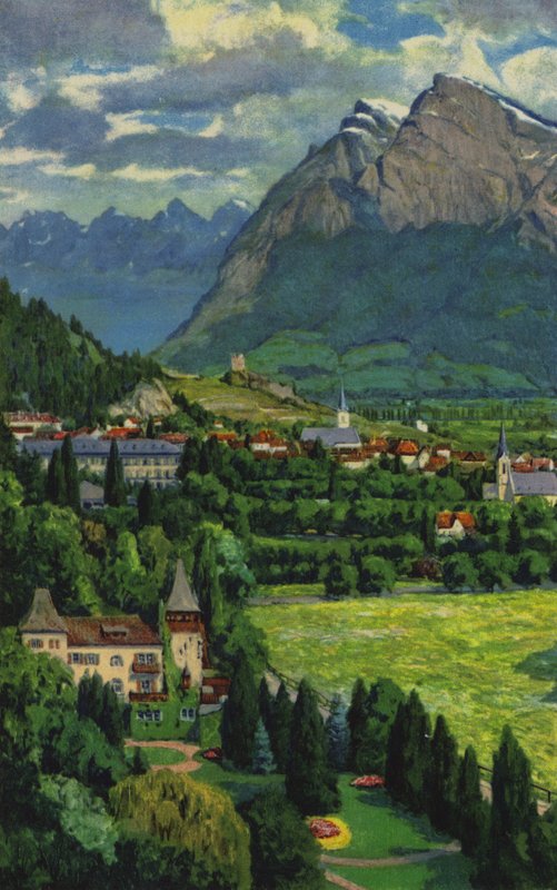 Swiss Spas: Ragaz, med Churfirsten og Gonzen (farve litho) af Paul Kutscha