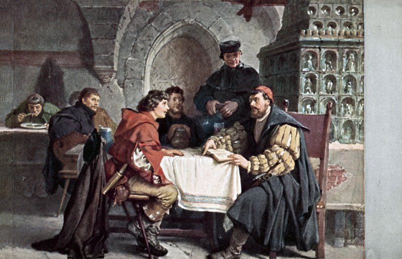 Martin Luther i samtale med studerende i Gasthof der Baren, Jena, Tyskland, marts 1522 af Friedrich Paul Thumann